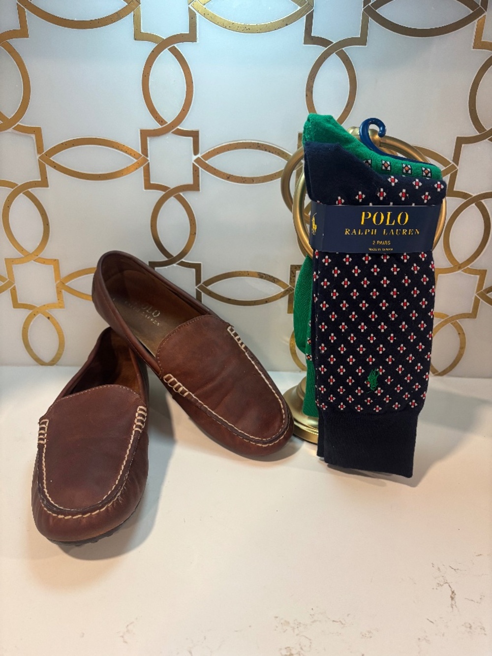 Polo by Ralph Lauren Woodley tan brown leather driving mens 8D socks included